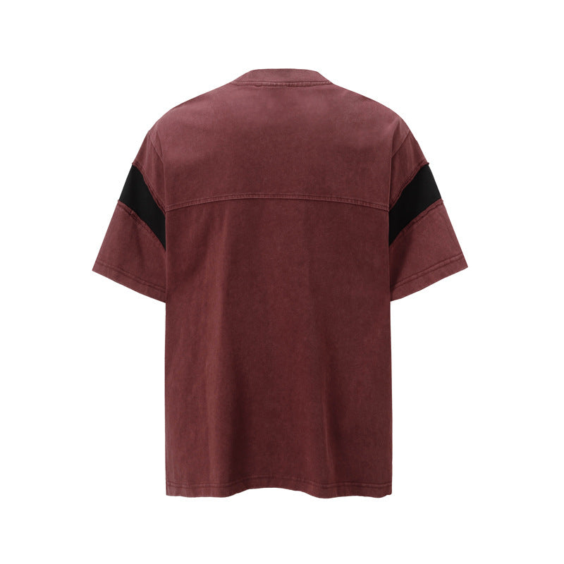 Retro Washed Distressed Short Sleeve Men's Stitching Contrast Color