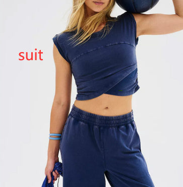 Ladies Two-piece Set Solid Color Casual Suit Short Sleeveless Top Sweatpants null