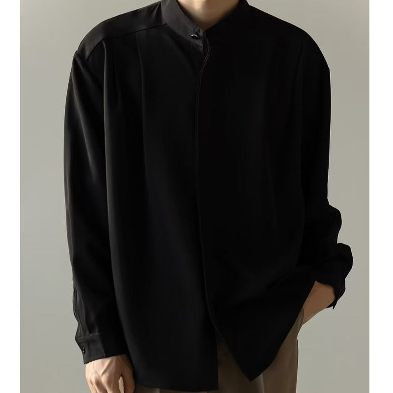 Mens Casual Loose-fitting Long-sleeve Shirt With A Stand-up Collar