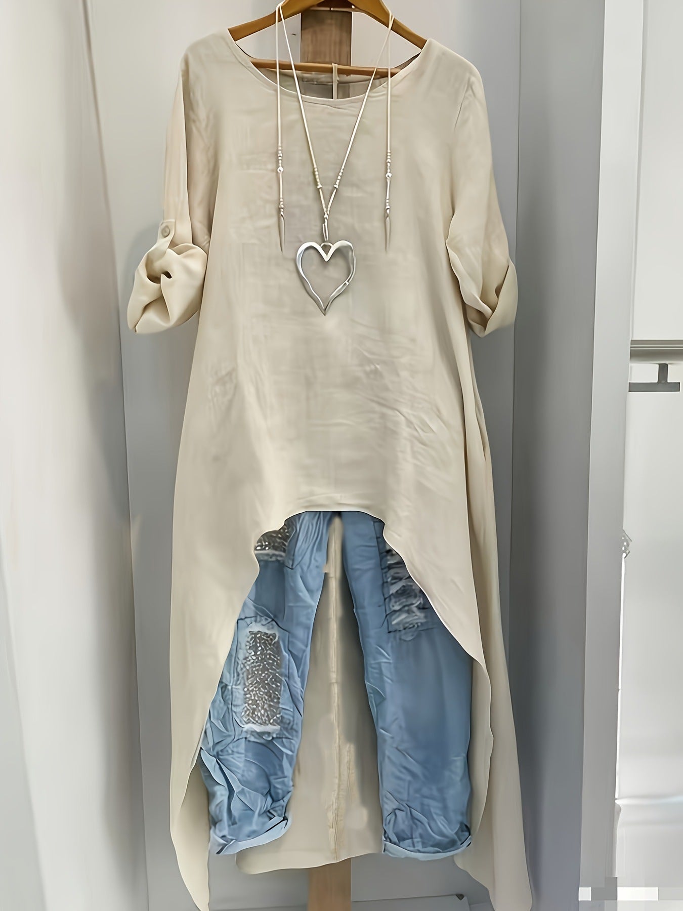 Womens Irregular Long Linen Top With A Crew Neck