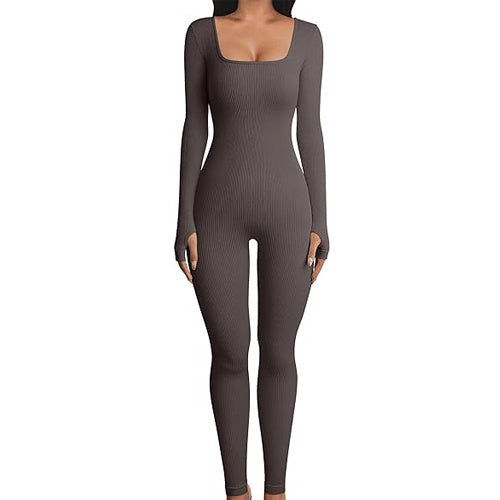 Women's Yoga Sports Fitness Jumpsuit Workout Long Sleeve Square Collar Clothing null