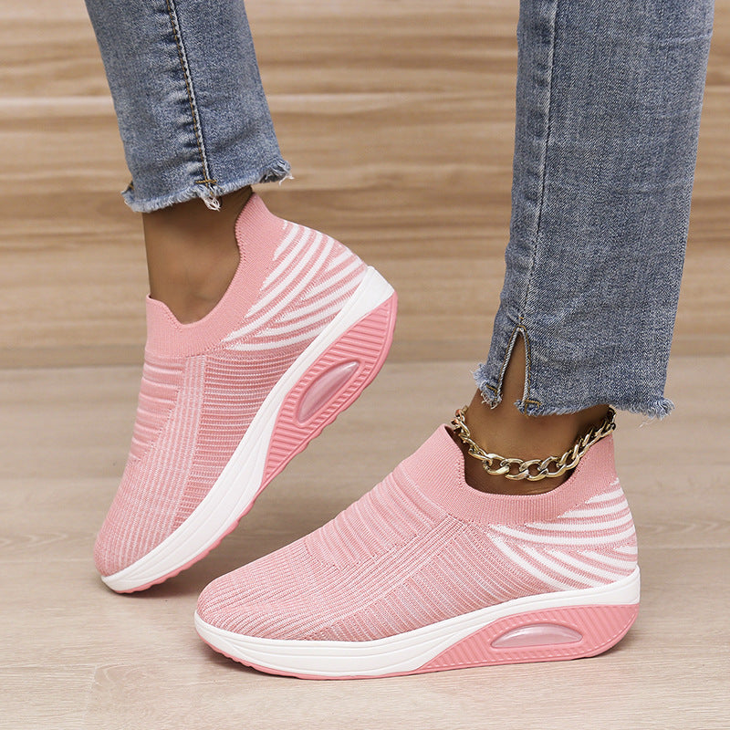 New Stripe Design Mesh Shoes Fashion Slip On Air Cushion Shoes Breathable Round-toe Flats Women null