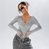 Simple Casual Solid Color Deep V-neck Slim Fit Waist-controlled Long Sleeves Jumpsuit Women