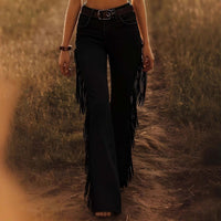 Womens Fitted, Stretchy Flare Pants With Tassels