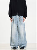 Retro Side Double Oblique Pleated Washed Blue Jeans For Men And Women