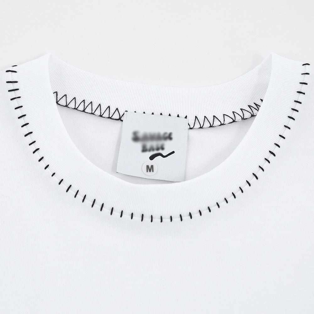 Open Line Stitching Round Neck Short Sleeve T-shirt Casual Loose