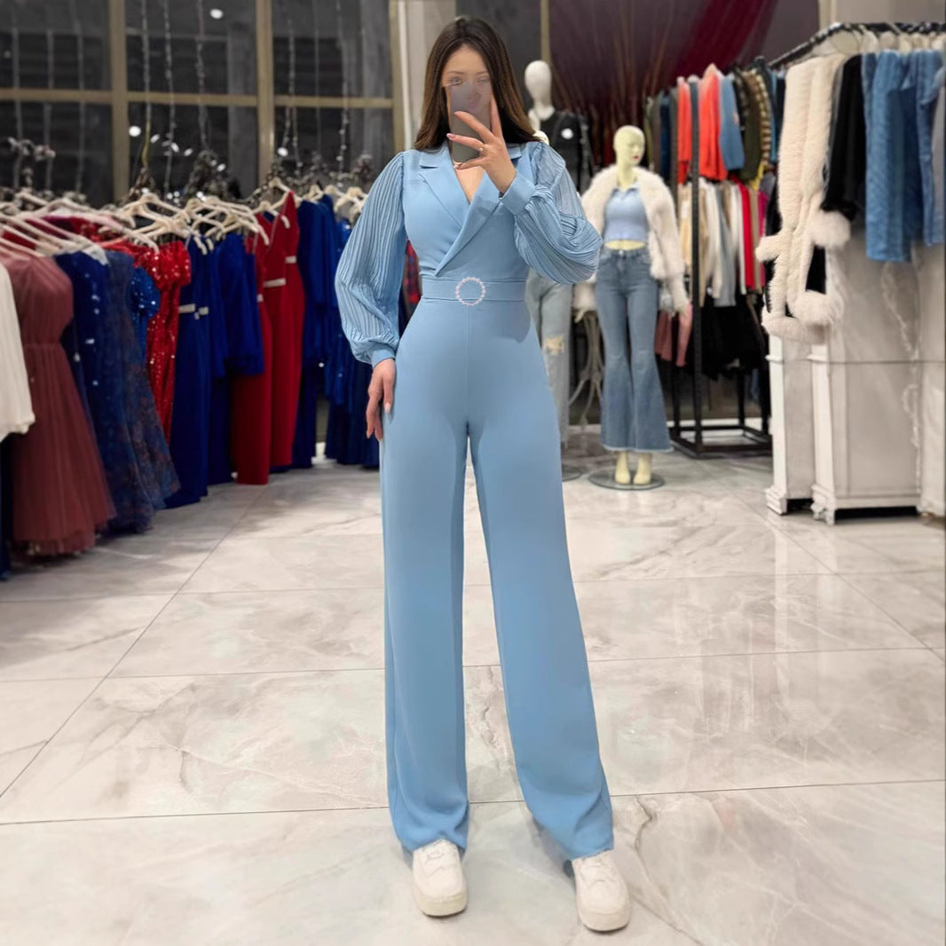 Fitted Jumpsuit With Pleated Long Sleeves And A Blazer Collar