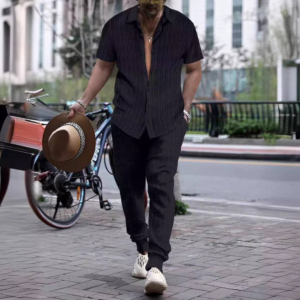 Men's Shirt Casual Loose Short Sleeves Trousers Beach Suit