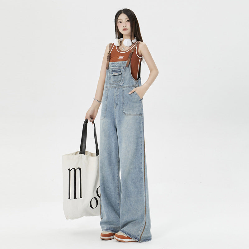 Washed Blue Loose Shoulder Strap Jeans