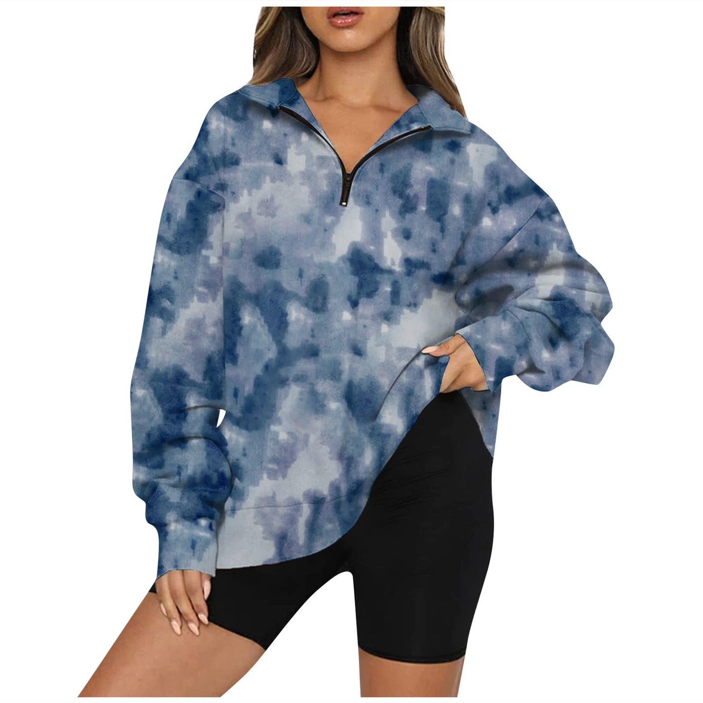 Tie Dye Printed Zippered Lapels Sweatshirt Womens Clothing Long Sleeve Loose Pocketless Top null