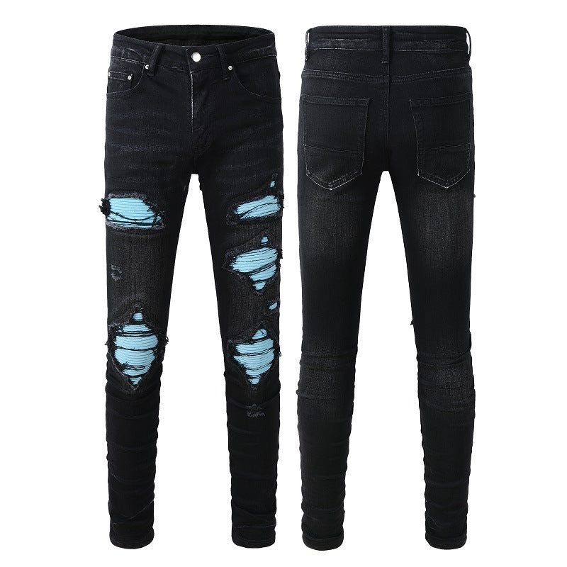 Street-style Mens Ripped Corduroy Patch Denim Jeans