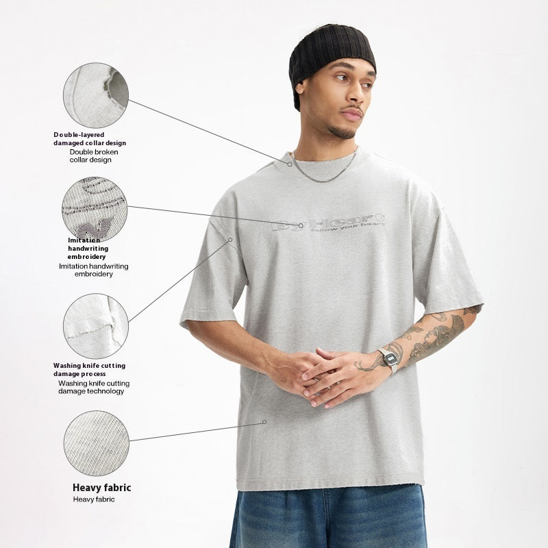 Worn Washed Embroidered T-shirt American Retro