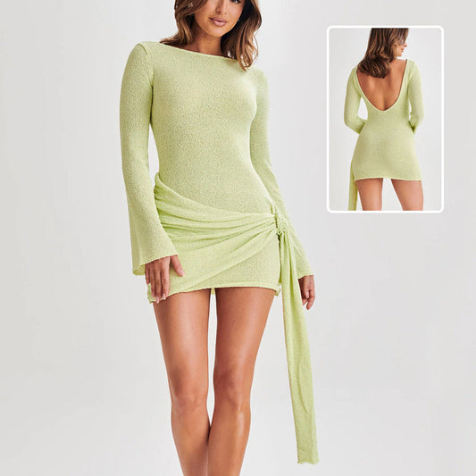 Fashion Slim Long-sleeved Dress Y2K Sexy Hip-hugging V-shaped Backless Short Dresses Womens Clothing null