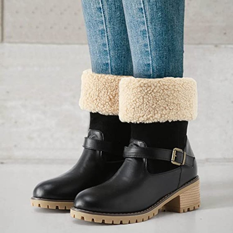 Fashion Boots With Buckle Chunky Heel Shoes Warm Winter Round Toe Western Boots For Women null