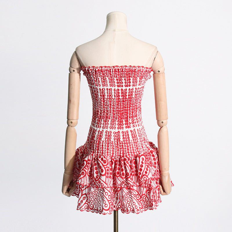 Y2K Tube Top Pleated Dress Ins Fashion Print A-line Short Dresses For Beach Party Clothing Women.