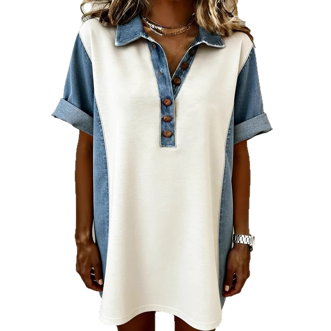 Denim-collar Short-sleeve Pullover Patchwork Knit Dress