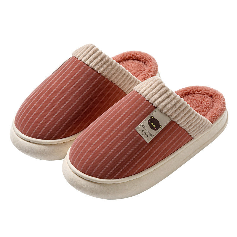 Solid Striped Plush Slippers Winter Warm Bear Fleece Shoes House Indoor Bedroom Floor Thick-soled Home Slipper For Women Men Couple null