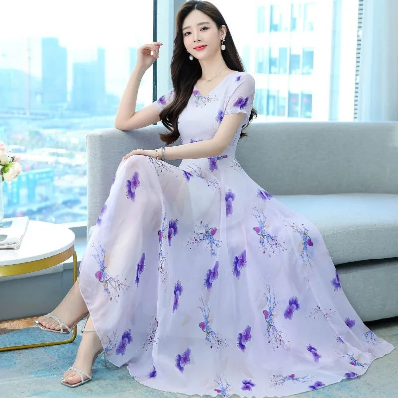 Short Sleeve V-neck Mid-length Dress Women's Waist Slimming Temperament Floral Skirt A-line Skirt Fashion null