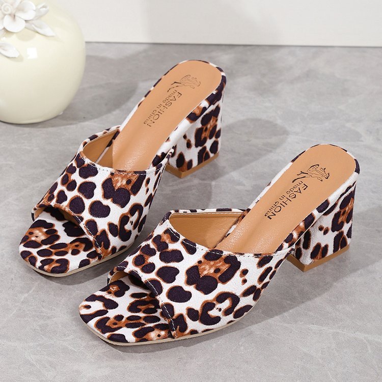 Leopard Square Toe Sandals Summer High-heeled Slippers Chunky Heel Shoes For Women null