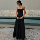 Off-neck Pleated Stitching High Waist Slimming Solid Color Sling Dress