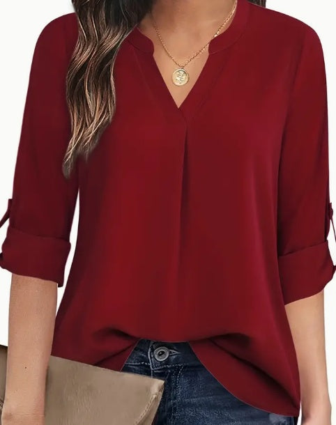 Chic Solid V-Neck Blouse - Fashionable Simplicity For Women - Relaxed Casual Long Sleeve Style null