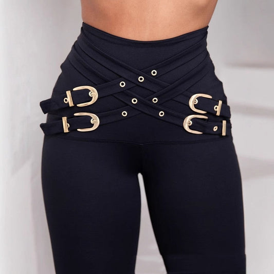 European And American Waist Metallic Belt Decorative High Waist High Elastic Tight Skinny Pants null