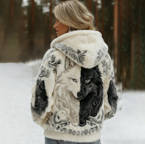 Womens Printed Street-Style Flannel Hoodie For Fall And Winter