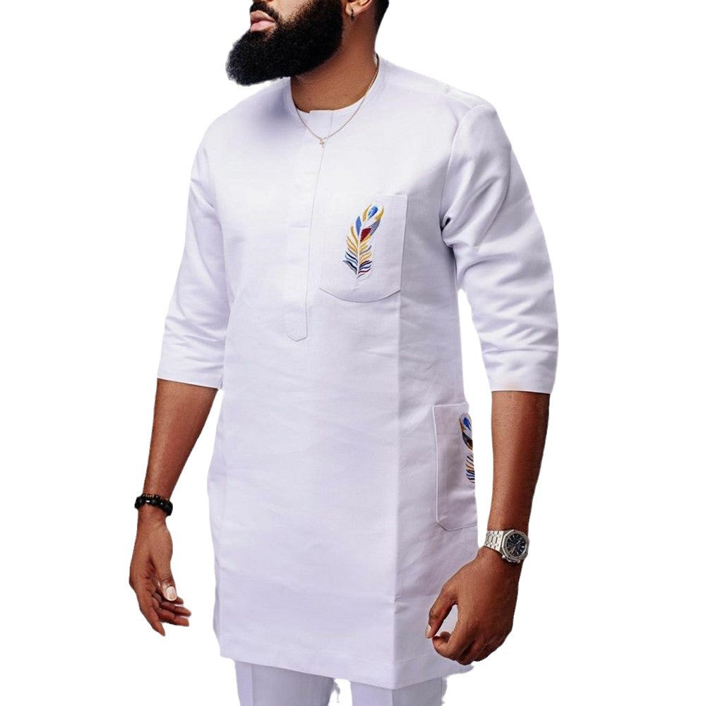 Embroidered Short Sleeve Loose Men's Suit