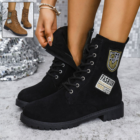 Fashion Lace-up Chunky Heels Boots Winter Round Toe Shoes For Women null