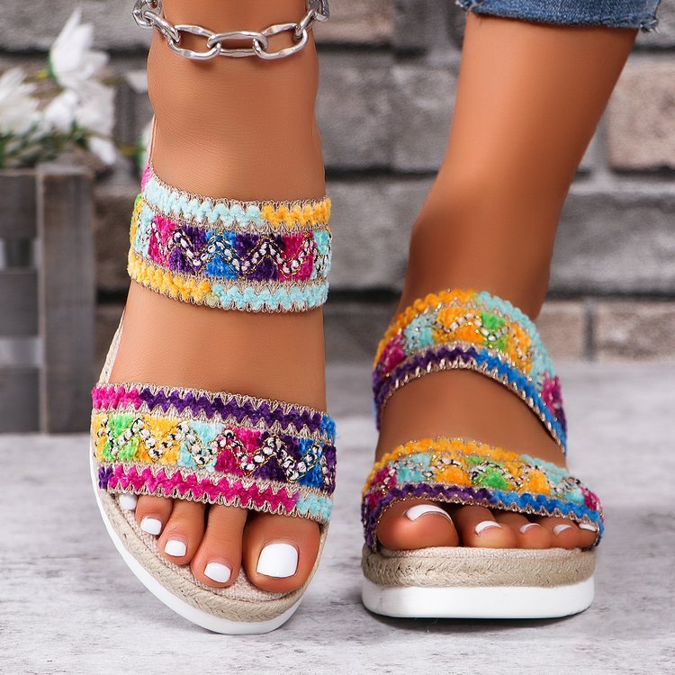 Fashion Wavy Pattern Woven Sandals Summer Casual Ethnic Style Slippers Linen Bottom Wide Strap Wedges Shoes For Women null