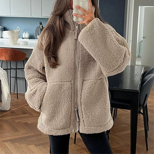 Winter Lapel Zip-up Coat With Pockets Casual Fashion Solid Fleece Jacket Fall Spring Long Sleeve Women's Clothing null