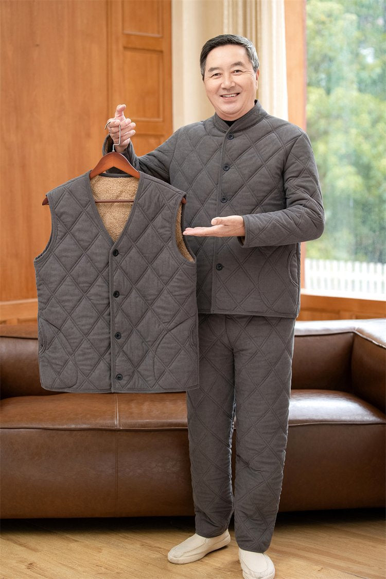 Alt Tag: Winter Dads Cotton Padded Jacket And Pants Set for men, quilted jacket and pants with matching vest shown indoors, stylish men's clothing