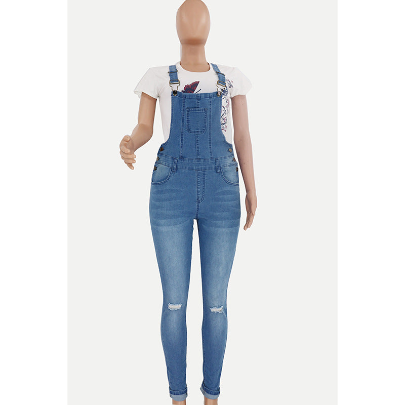 Womens Ripped Washed Denim Overalls