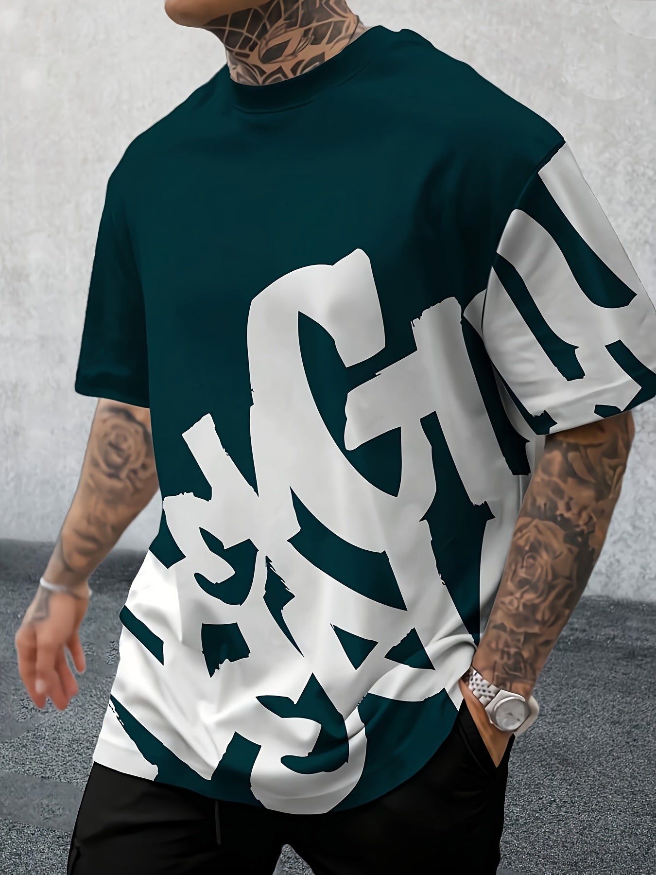 Men's 3D Letter Print T-Shirt - Dark Green & White, Casual Streetwear, Comfortable Polyester Crew Neck, Short Sleeve Pullover for Summer, Everyday Pullover|Fashionforward Tee|Comfortable Wear Dropshipman