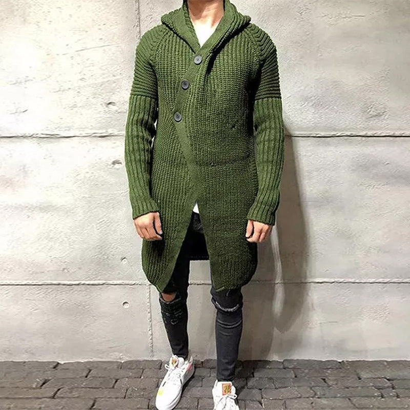 Long Knitted Hooded Sweater Coat Men Solid Color Button Casual Clothes null