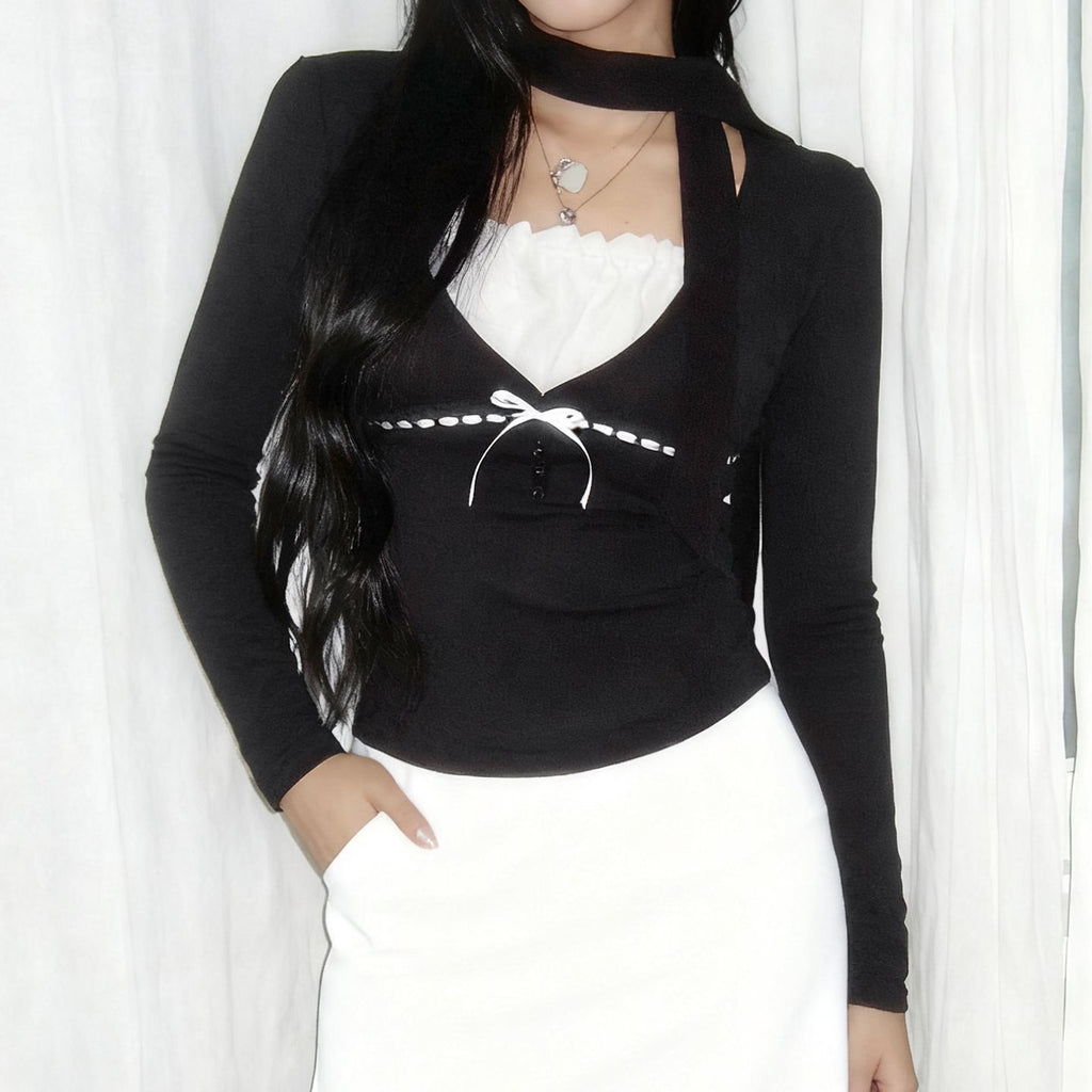 Sweet And Fresh-style Figure-flattering Top With A Scarf Detail That Creates A Slimming Look
