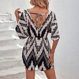 Women's Printed V-neck One-piece Sleeve Loose Jumpsuit