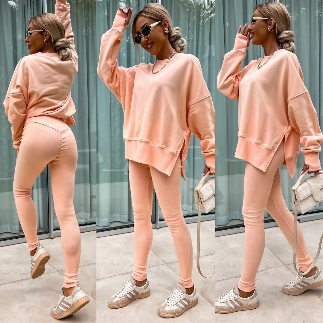 Sweater Suit Women's Casual Loose Long Sleeve Crew Neck Split Top Tight Trousers null