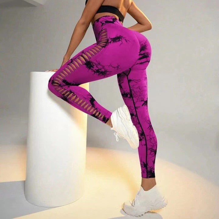 Hollow Tie Dye Printed Yoga Pants High Waist Butt Lift Seamless Sports Gym Fitness Leggings Slim Pants For Women Tight Trousers null