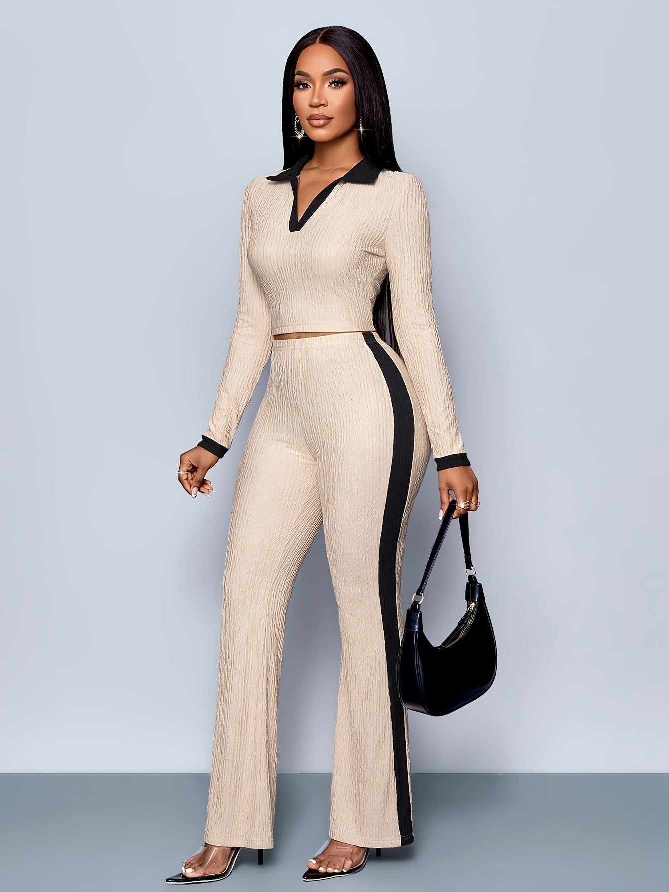 Elegant Two-Piece Set: Chic Long Sleeve Collar Top & Contrast Trim Flared Pants - Polyester, Non-Sheer, Perfect for Spring/Fall - Women's Fashion Dropshipman