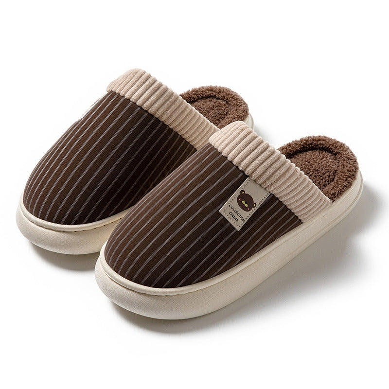 Solid Striped Plush Slippers Winter Warm Bear Fleece Shoes House Indoor Bedroom Floor Thick-soled Home Slipper For Women Men Couple null