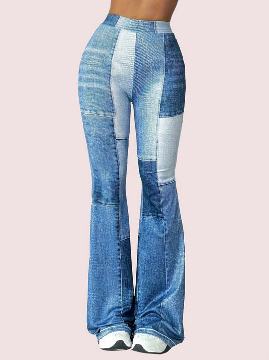 Women's High-Waisted Flare Jeans - Blue Denim Print, Patchwork Design, Stretchy & Comfortable, Casual Style, Machine Washable - Perfect for Spring & Summer, Comfortable Leggings|Bellbottom Silhouette|Smooth Texture Fabric Dropshipman