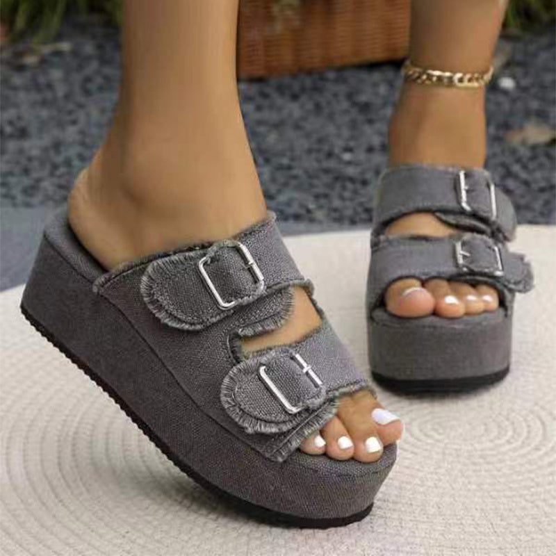 Fashion Denim Buckle Wedges Sandals Summer Outdoor High Heel Slippers Thick Bottom Camouflage Shoes For Women null