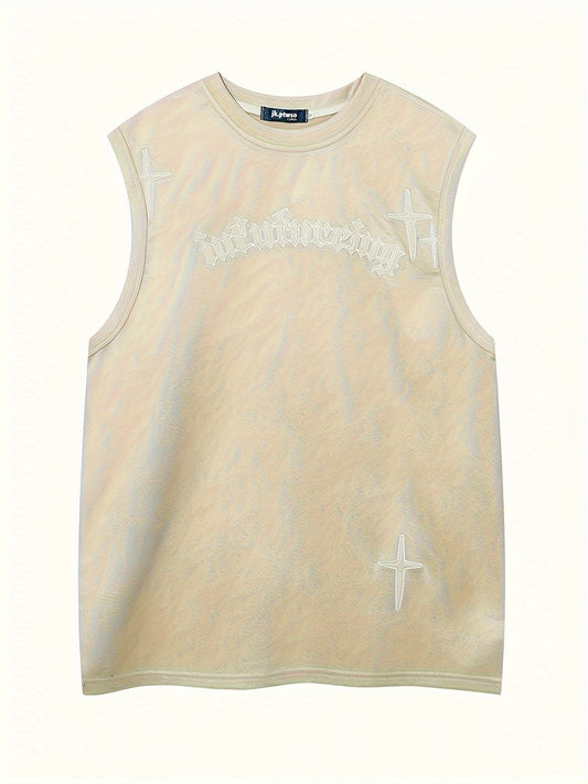 BEMCSHO Vintage-Inspired Cross Embroidery Tank Top - Breathable Polyester & Elastane Blend, Sleeveless Crew Neck Tee for Men & Women, Casual Summer Wear with Geometric Design, Perfect for Fitness & Outdoor Activities Dropshipman