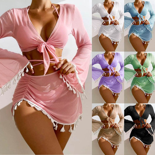 4pcs Bikini Set – Short Skirt, Long Sleeve Cover-Up, Bow Tie, Fringed Swimsuit for Summe - Update Avenue 