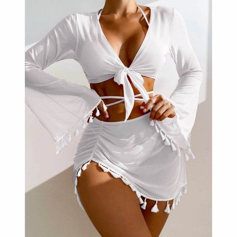 4pcs Bikini Set – Short Skirt, Long Sleeve Cover-Up, Bow Tie, Fringed Swimsuit for Summe - Update Avenue 