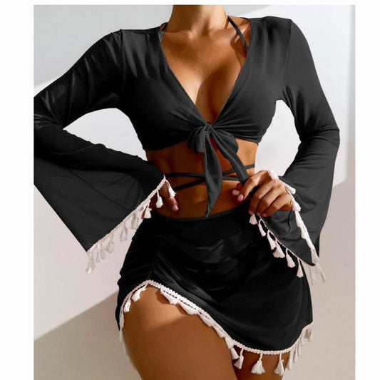 4pcs Bikini Set – Short Skirt, Long Sleeve Cover-Up, Bow Tie, Fringed Swimsuit for Summe - Update Avenue 