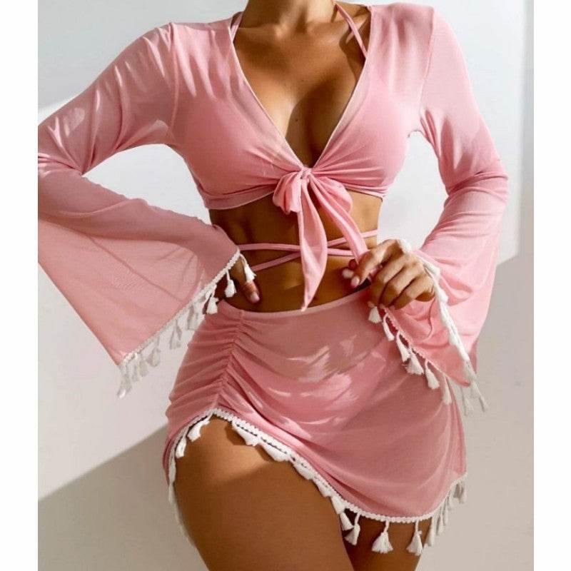 4pcs Bikini Set – Short Skirt, Long Sleeve Cover-Up, Bow Tie, Fringed Swimsuit for Summe - Update Avenue 