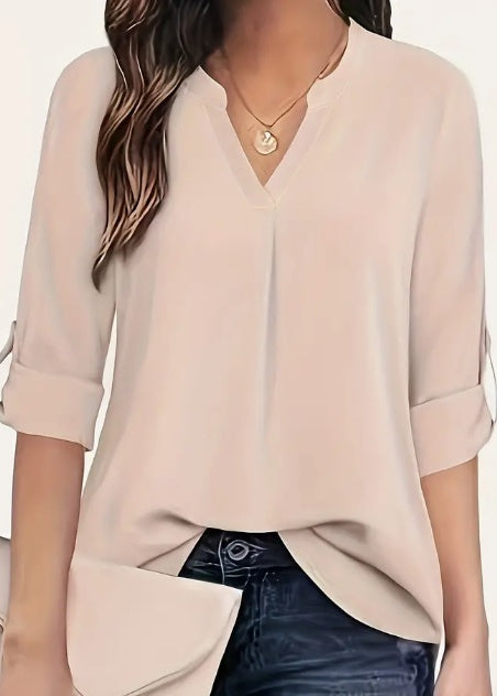 Chic Solid V-Neck Blouse - Fashionable Simplicity For Women - Relaxed Casual Long Sleeve Style null