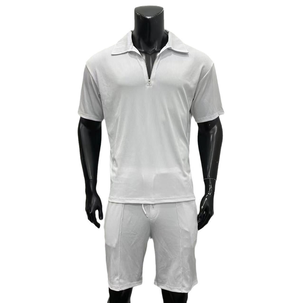 Summer Fashion Mens Clothing  Men's Suits New Zipper Polo Casual Short Sleeve Drawstring Shorts Men's Set null